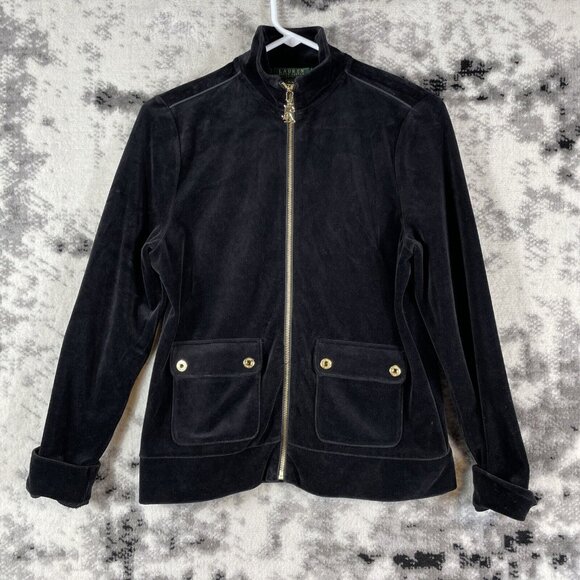 Lauren Ralph Lauren Velour Jacket Womens Size PM Black‎ Cotton Polyester - Picture 1 of 9